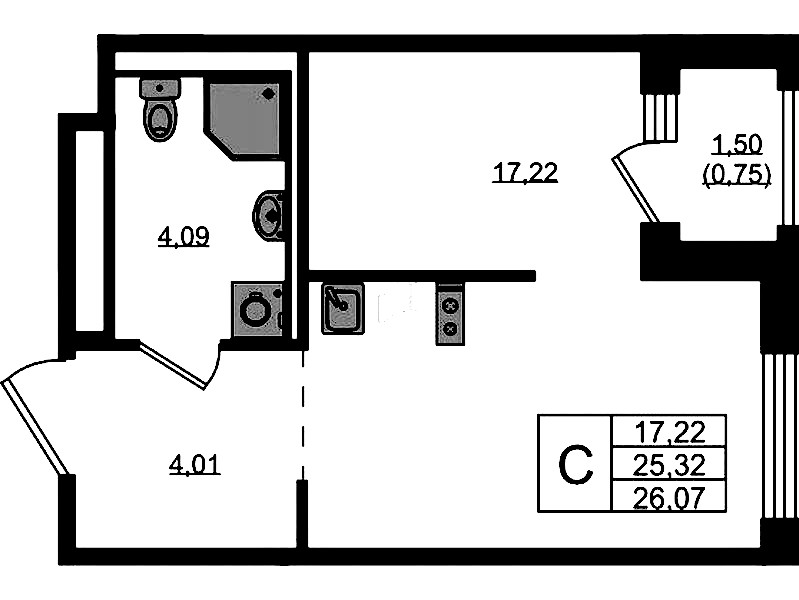 Квартира студия 26.07 м², 5/12 эт., ЖК «GloraX Новоселье»